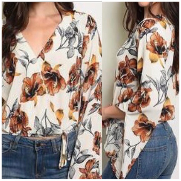 FLORAL SPLIT SLEEVES & SURPLICE TOP - Picture 4 of 8
